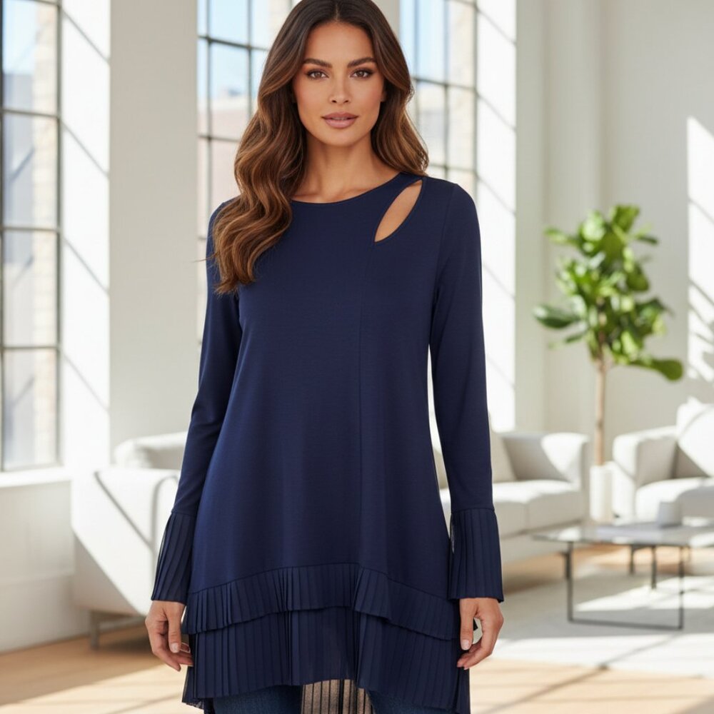 NEW Cyrus S Women's Blue Cut Out Chiffon Trim Tunic Top Mod